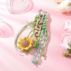 Зеленый Подвесные украшения в виде цветов из шерстяной пряжи ручной работы, с вощеным полиэстеровым шнуром и акриловой цепочкой, Алюминиевые застежки в форме сердца для украшений сумок, зелёные, 200~230 мм