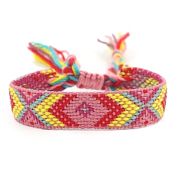 Бледно-фиолетовый Красный Женские браслеты на плоской подошве из полиэстера в этническом стиле с ромбическим шнуром, регулируемый браслет с кисточкой, бледно-фиолетовый красный, 5-7/8 дюйм (15 см)