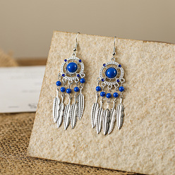 Синий Серьги из сплава из смолы, плоские круглые с пером, серебряные, синие, 70 мм