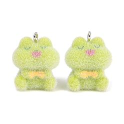 Bowknot Флокированные подвески из непрозрачной смолы, очарование лягушки, с железной платиной петлей, зеленый желтый, бантом, 22x19x13.5 мм, отверстие : 2 мм