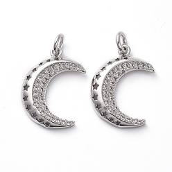 Платина Латунные микропаве прозрачные подвески с фианитом, с прыжковых колец, Луна и звезды, платина, 19x13x3 мм, отверстие : 3 мм
