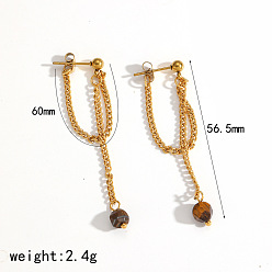 Round 304 Stainless Steel & Natural Tiger Eye Stud Dangle Earrings, Golden, Round, 56.5mm