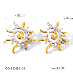 Sun Two Tone 304 Stainless Steel Stud Earrings, Golden & Stainless Steel Color, Sun, 54.8x48.6mm