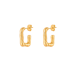 Real 18K Gold Plated 304 Stainless Steel Square Stud Earrings for Women, Half Hoop Earrings, Real 18K Gold Plated, 16x13mm