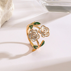 Thistle Alloy Enamel Cuff Open Rings, Flower, Golden, Thistle, 15~20mm