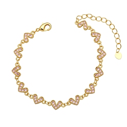 Pink Браслеты с звеньями из латуни и циркония в виде сердца для женщин с микропаве, розовые, 6-7/8 дюйм (17.5 см)