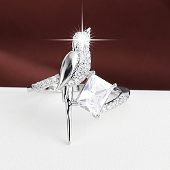 Silver Brass Micro Pave Cubic Zirconia Finger Rings for Women, Bird, Silver, US Size 7(17.3mm)