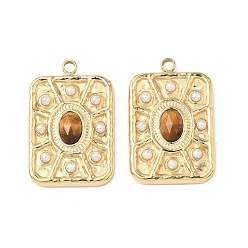 Настоящее золото 18K Граненые подвески из натурального тигрового глаза, прямоугольник амулеты, с 304 оправами из нержавеющей стали и имитацией жемчуга из АБС-пластика, белые, реальный 18 k позолоченный, 24x15.5x4 мм, отверстие : 2 мм