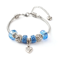 Bleu Ciel Foncé Bracelets européens en strass en pâte polymère faits à la main, perles de verre, 304 chaînes de serpent en acier inoxydable et breloque coeur en alliage, bleu profond du ciel, 7-7/8 pouce (20 cm)