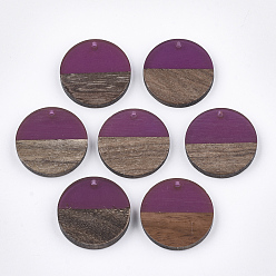 Средний Фиолетово-красный Подвески из смолы и ореха, плоско-круглые, средне фиолетовый красный, 24.5~25x2.5~4.5 мм, отверстие : 2 мм