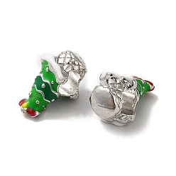 Christmas Tree Christmas Theme Alloy Enamel European Beads, Large Hole Bead, Platinum, Green, 14.5x10x6mm, Hole: 4.6mm