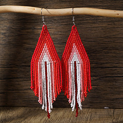 Красный Серьги-кисточки из бисера ручной работы из богемного стекла, платина, красные, 140x38 мм