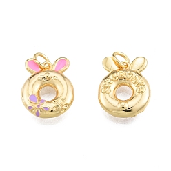 Real 18K Gold Plated Brass Enamel Pendants, with Jump Ring, Rabbit with Flower, Real 18K Gold Plated, 16.5x13x3.7mm, Hole: 3mm