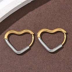 Сердце 304 двухцветные серьги-кольца из нержавеющей стали, ионное покрытие (ip), реальный 18 k позолоченный и цвет нержавеющей стали, сердце, 15x18x2 мм