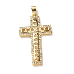 Золотой Латунные микропаве прозрачные подвески с фианитом, крестик с сердечками, золотые, 42x23.5x3 мм, отверстие : 6.5x3 мм