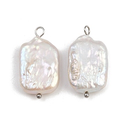 Нержавеющая Сталь Цвет Подвески из натурального пресноводного жемчуга Кеши, прямоугольник амулеты, с 304 петлями из нержавеющей стали, белые, цвет нержавеющей стали, 22~26.5x13.5~16x4~9 мм, отверстие : 1.8~3 мм