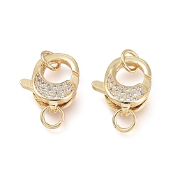 Real 18K Gold Plated Brass Micro Pave Clear Cubic Zirconia Lobster Claw Clasp, with Jump Rings, Long-Lasting Plated, Real 18K Gold Plated, 16x12x4.5mm, Jump Ring: 6x1mm, Hole: 4mm