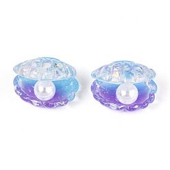 Сине-фиолетовый Прозрачная смола и искусственный жемчуг кабошоны, формы раковины, с блеском порошок, два тона, синий фиолетовый, 17x23.5~24x18.7 мм