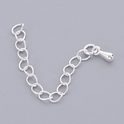 Silver Brass Chain Extender, with Curb Chains and Teardrop Charms, Silver Color Plated, 40~58x3mm, Link: 4x3mm