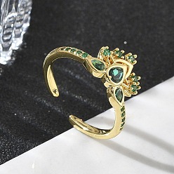 Настоящее золото 18K Открытые кольца манжеты из латуни с микропаве и кубическим цирконием, цветок, без кадмия и без свинца, долговечный, стойки покрытие, реальный 18 k позолоченный, 12 мм, размер США 6 (16.5 мм)