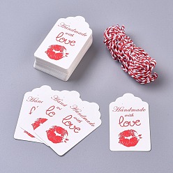 White Paper Gift Tags, Hange Tags, For Arts and Crafts, with Cotton Cords, for Valentine's Day, Rectangle with Word Handmade with Love & Lip Pattern, White & Red, 71x40x0.5mm, 50pcs/set