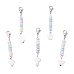 Платина 5шт. окрашенные натуральные пресноводные ракушки бусины подвеска украшение, Сплав с застежками когтя омара, луна и звезда и сердце и цветок и крест, платина, 55~60 мм