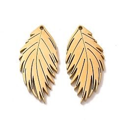 Golden Ion Plating(IP) 304 Stainless Steel Pendants, Leaf Charms, Golden, 20x9.5x1.4mm, Hole: 0.9mm