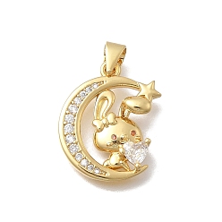 Настоящее золото 18K Латунные микропаве прозрачные подвески с фианитом, луна с кроликом, без кадмия и без свинца, стойки покрытие, долговечный, реальный 18 k позолоченный, 20x17x4.5 мм, отверстие : 4.5x3.5 мм