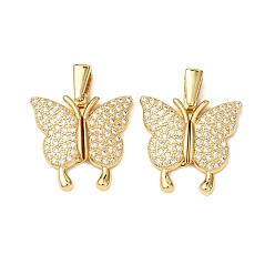 Настоящее золото 18K Латунные микропаве кубические цирконии открывающиеся подвески, бабочка, реальный 18 k позолоченный, 25.5x20.5x3.5 мм, отверстие : 1.5x4.5 мм