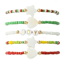 Mixed Color 5Pcs 5 Styles Christmas Theme Glass Seed Beaded Stretch Bracelets for Women, with Shell & Acrylic Beads, Mixed Color, Inner Diameter: 2-3/8 inch(6cm), 1pc/style