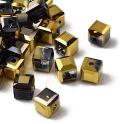 Светло-хаки Гальваническим стеклянные бусины, кубические, граненые, с половиным покрытием, светлый хаки, 7x7x7 мм, отверстие : 1.6 мм