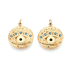 Настоящее золото 18K 304 подвески из нержавеющей стали со стразами, плоский круглый и сглаз, с целью перехода в кольце, ионное покрытие (ip), реальный 18 k позолоченный, 17.5x15x2 мм, отверстие : 2.8 мм