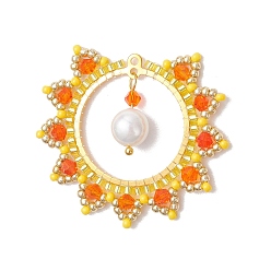 Золотистый Подвески-солнца из стеклянных бусин, с латунными соединительными подвесками и бусинами из ракушек и стекла, золотые, 36.5x43x8 мм, отверстие : 1.2 мм