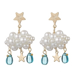 Звезда 3серьги-гвоздики из стеклянных бусин в форме облака, с акриловой жемчужины, золотые, звезда, 44.5x26.5 мм