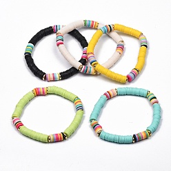 Couleur Mélangete Bracelets élastiques faits à la main de perles heishi en pâte polymère, laiton perles d'espacement, couleur mixte, diamètre intérieur: 2-1/4 pouce (5.6 cm)