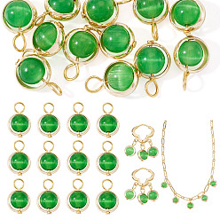 Зеленый 12 шт. круглые подвески из латуни и стекла с имитацией кошачьего глаза, с 304 петлями из нержавеющей стали, золотые, зелёные, 12.1 мм, отверстие : 2.2 мм