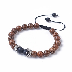 Black Agate Adjustable Frosted Natural Black Agate(Dyed) Braided Bead Bracelets, with Dyed Wood Beads, Nylon Thread and Antique Silver Plated Alloy Crown Beads, 2 inch~3-3/8 inch(5~8.5cm)