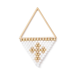 White Handmade Japanese Seed Beads Pendants, Triangle with Cross Charms, White, 37~38x23x2mm, Hole: 17x20mm