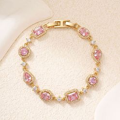 Pink Браслеты из латуни класса ААА с геометрическими звеньями и кубическим цирконием, геометрические звенья, для женщин., золотые, розовые, 7.09 дюйм (18 см)