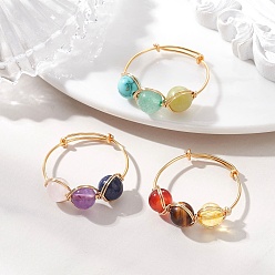 Смешанные камни 3 шт. 3 стили кольца с драгоценными камнями, с экологически чистой медной проволокой для женщин, золотые, внутренний диаметр: 21.2 мм, 1 шт / стиль