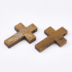 Camel Printed Wooden Pendants, Crucifix Cross, For Easter, Dyed, Camel, 32.5~33.5x21~22x4.5mm, Hole: 2mm