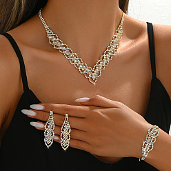 Золотой Комплекты из цепочек-ожерелий, серег-гвоздиков и браслетов из латуни с кристаллами и стразами, золотые, 300мм и 160мм и 53x15мм