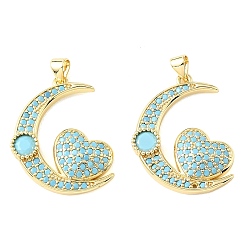 Chapado en Oro Real 18K Colgantes de circonita cúbica azul cielo con micro pavé de latón, Luna con dijes de corazón., chapado en rack, larga duración plateado, sin plomo y cadmio, real 18 k chapado en oro, 28x22.5x4 mm, agujero: 4x3.5 mm