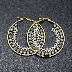 Серебро Серьги из 304 нержавеющей стали, серьги-кольца с бусинами, со стеклянными бусинами, кольцо, золотые, серебряные, 51.5x49x4 мм