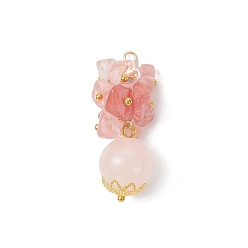 Розовый Кварц Круглые подвески из вишневого кварцевого стекла с кусочками натурального розового кварца, с 304 петлями из нержавеющей стали, золотые, 35~36x17~18x12 мм, отверстие : 2.5 мм