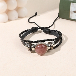 Клубничный Кварц Браслеты из натурального клубничного кварца с плоскими круглыми звеньями и многорядными нитями, плетеные трехслойные браслеты из искусственной кожи для мужчин и женщин, внутренний диаметр: 2-1/8~2-1/2 дюйм (5.5~6.5 см)