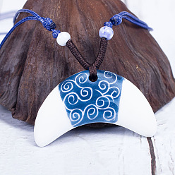 Луна Ретро этнический фарфоровый кулон регулируемые ожерелья из полиэстерового шнура для женщин, синий и белый, луна, 23.62 дюйм (60 см)