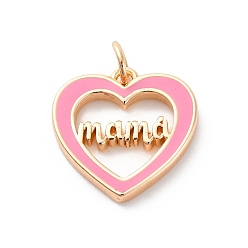 Pink Латунные эмалевые подвески ко дню матери, без кадмия, без никеля и без свинца, с целью перехода в кольце, реальный 18 k позолоченный, сердце со словом "мама", розовые, 16.5x16.5x2.5 мм, отверстие : 3 мм