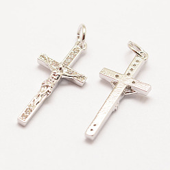 Платинированный Латунные микро проложить класса AAA кубического циркония подвески, долговечный, крестик, без кадмия, без никеля и без свинца, Реальная платина, 23x11x3 мм, отверстие : 3 мм