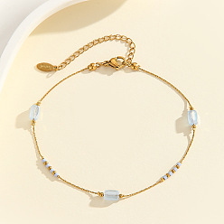 Светло-Голубой 304 Браслеты на лодыжку из нержавеющей стали с бусинами из стеклянных колонн, золотые, Небесно-голубой, 7-7/8 дюйм (200 мм)